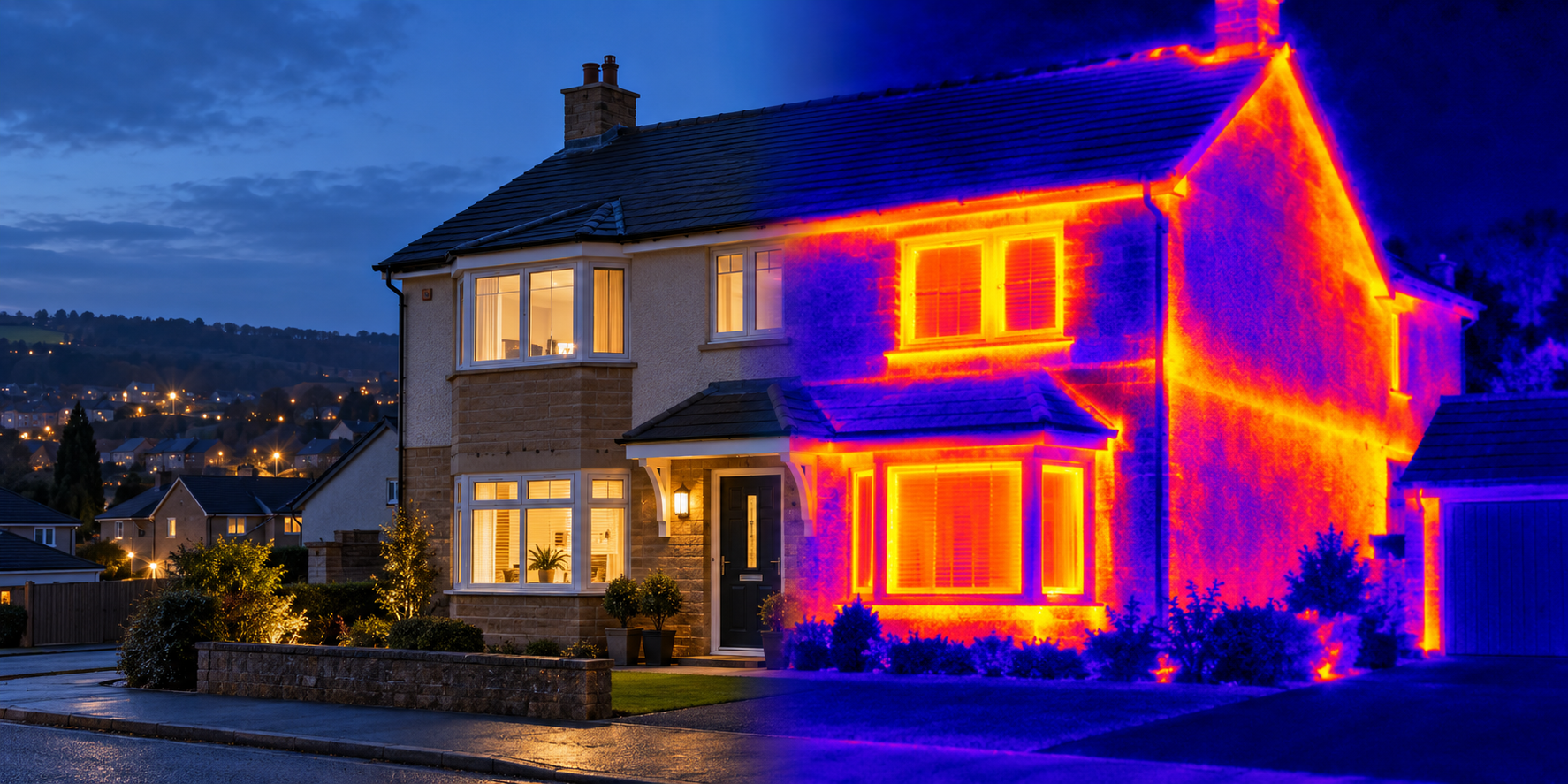 A house shown as a visible photograph blending into a thermal image that reveals heat loss